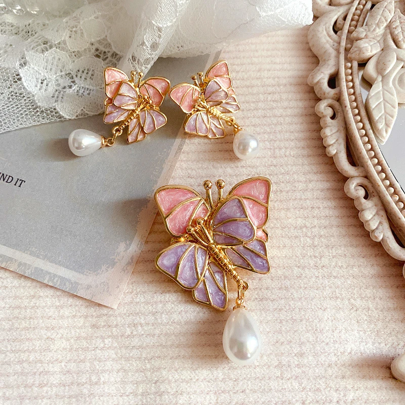

Butterfly Brooch Earrings Jewelry Set For Women Enamel Charms Baroque Syle Fresh Water Pearl Ornaments Sweater Suit Dress Pins