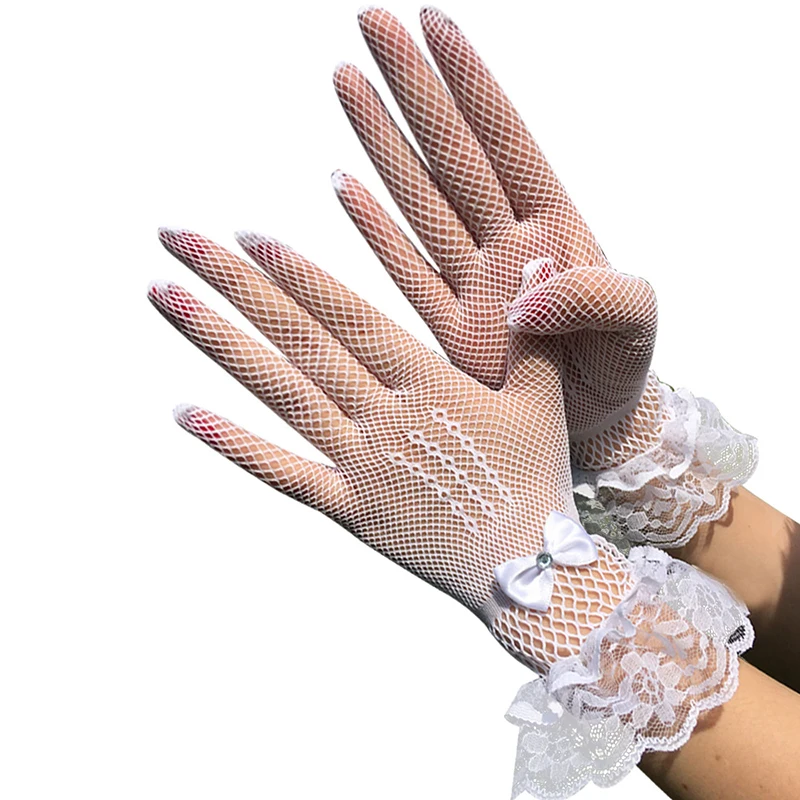 

Summer Sexy Lace Sunscreen Jacquard Gloves Short Fishing Net Bright Diamond Bow Lace Gloves Cool Thin Breathable Women Gloves