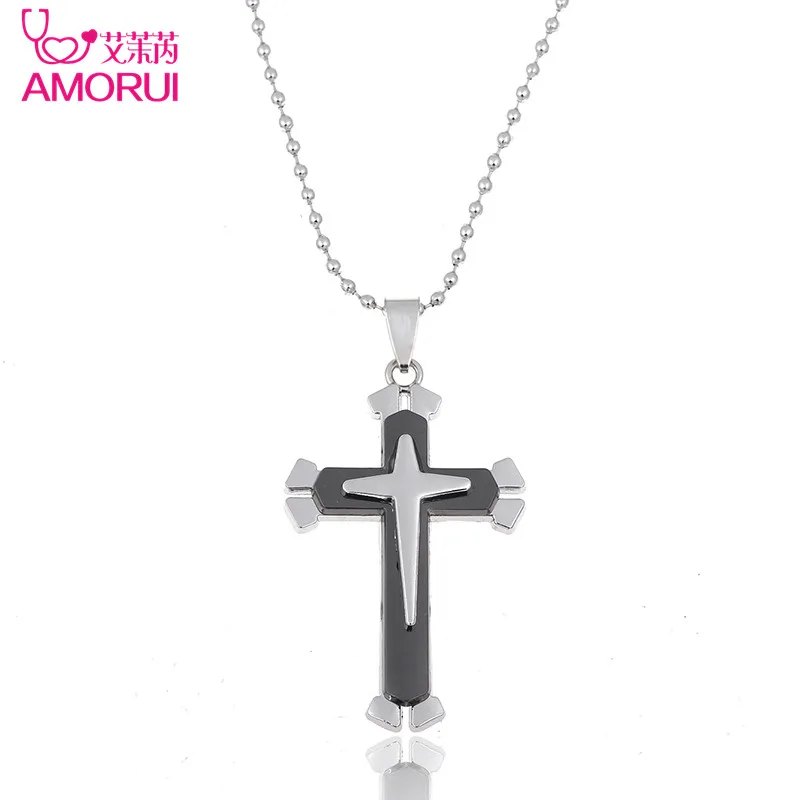 

AMORUI Men's Blue/Black Christ Jesus Cross Pendant Necklace Bead Chain Necklaces Pendants for Women Jewelry Bijoux Mujer Gift