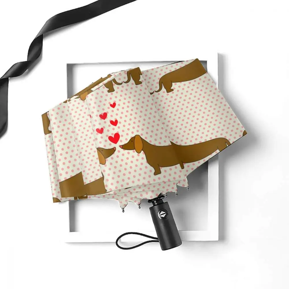 Online Automatico Ombrello Da Pioggia Donne Tre-pieghevole Ombrello Bella Bassotto Le Coppie Con Cuori Ombrello Antivento Impermeabile Parasole