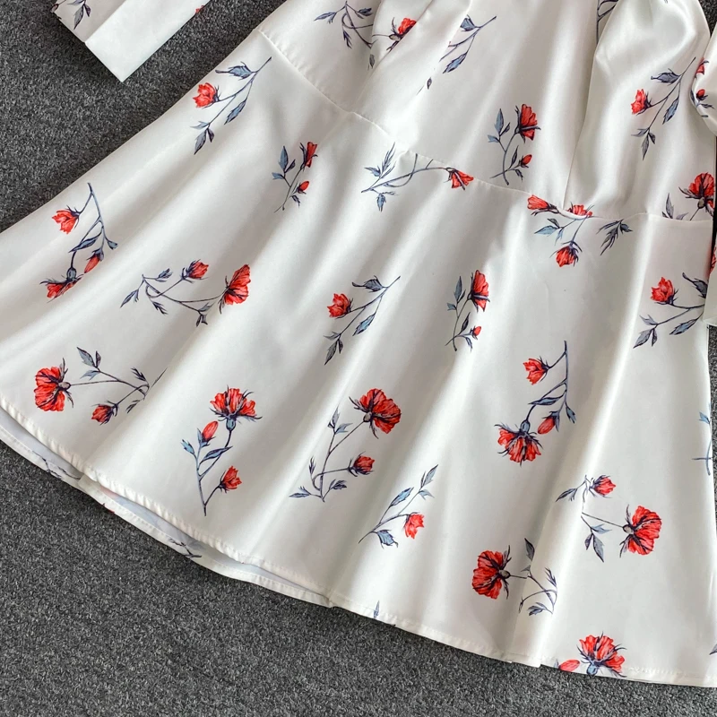 

YIZZHOY New Spring Summer A Line Full Single Breasted Chiffon V Neck Dress Women Sweet Floral Print Puff Sleeve Lady Dress