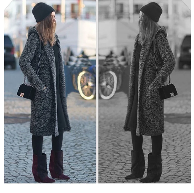 

Women Long Cardigan Sweater Knitted Autumn Winter New Long Sleeve Loose Hooded Thicker Casual Plus Size Lugentolo