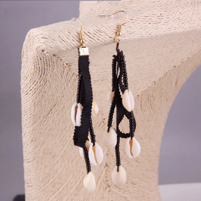 Женские Подвески в виде ракушек Boho вязаные Длинные серьги из черной ленты с