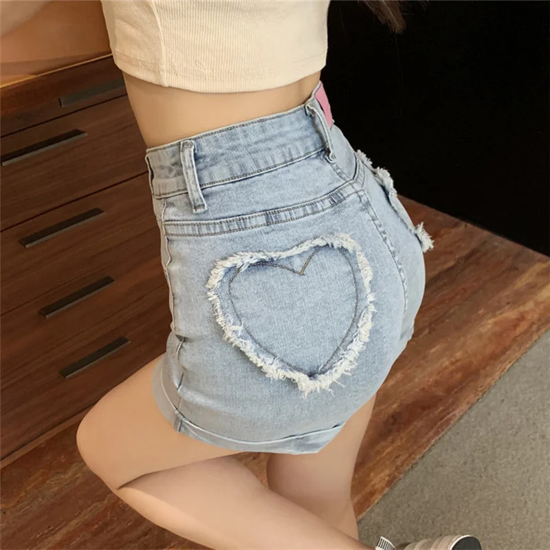 Women's New Denim Shorts High Elasticity Heart-shaped Hips High Waist Summer Flanging Straight Hot Pants High Waist Shorts