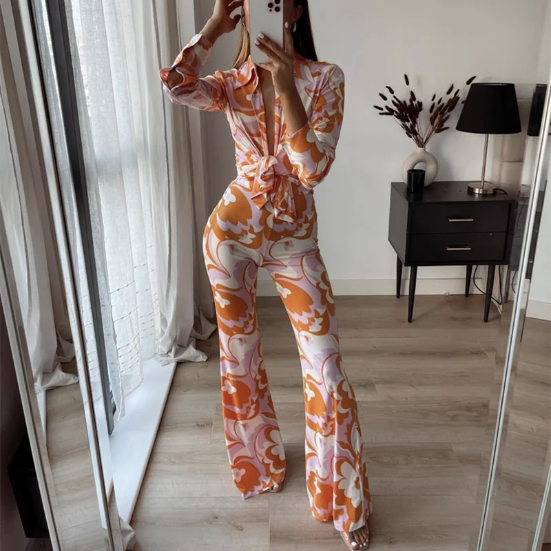 

2021 Retro Women's Orange Slim Printed Shirt Set 2021 Spring and Autumn Elegant Women Flower Set Streetwear Long Sleeve Set New