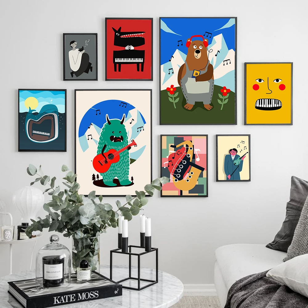 

Funny Music Poster Cartoon Bear Frog Canvas Painting Wall Art Nordic Posters and Prints Wall Pictures for Living Room Decoration