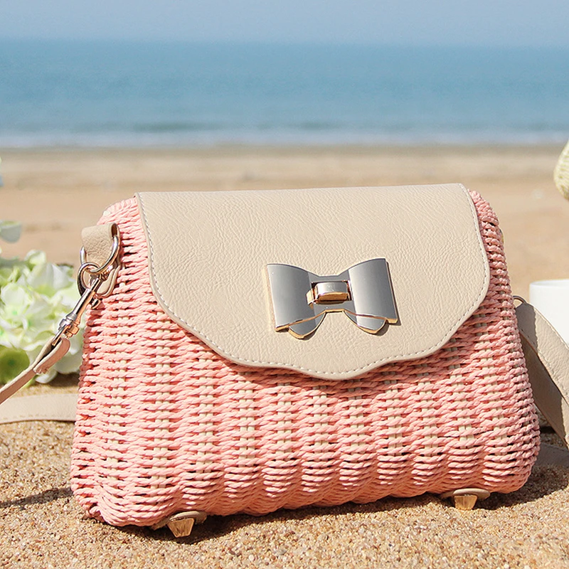 

New candy color bow Handmade Straw Woven Bag Bohemian Pocket Beach Vacation Shoulder Tote Bags For Women Girl coin purse