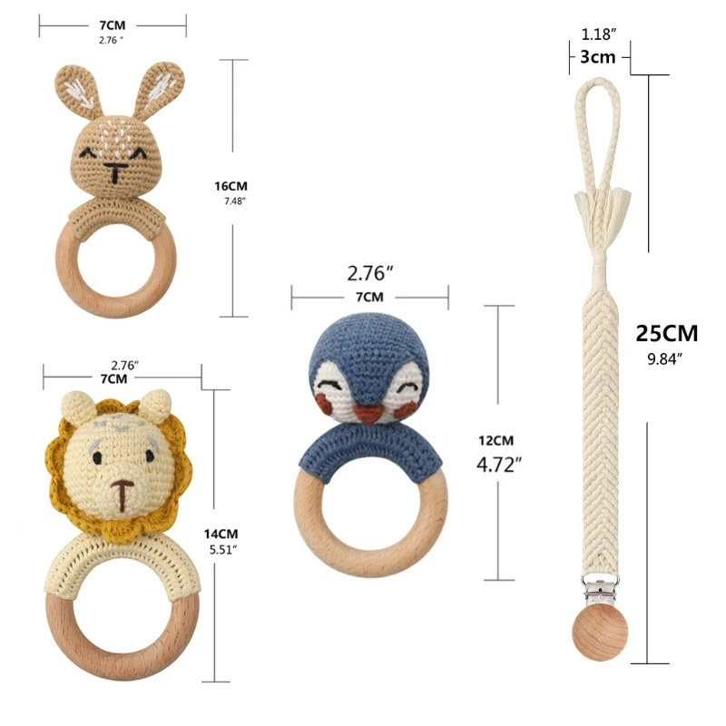 

3 Pcs Infants Shower Gift Baby Pacifier Chain Clip Dummy Nipple Holder Beech Teether Wooden Teething Ring Newborn Crochet Animal