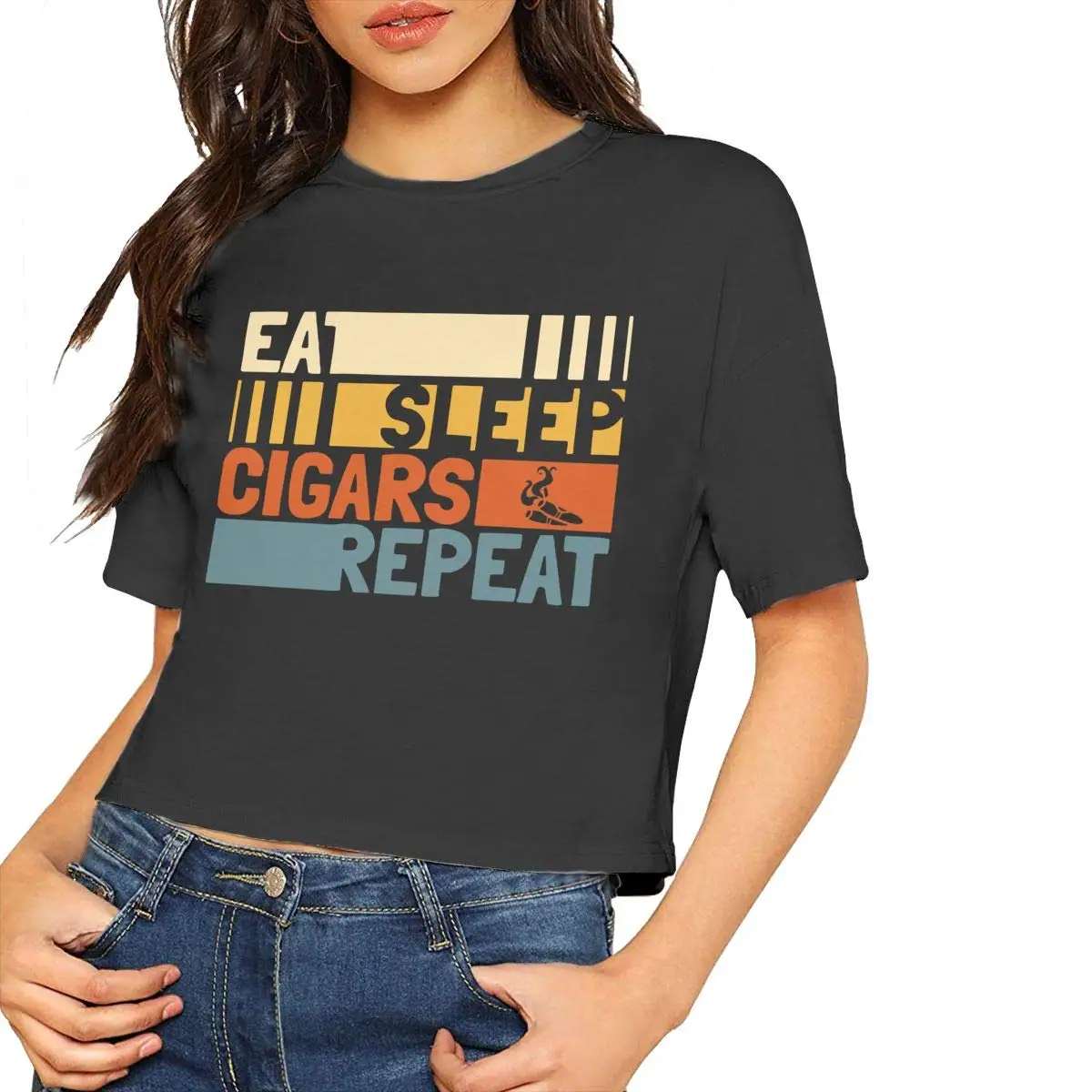 Для женщин &quot Eat Sleep сигары повторить кроп-футболка топы блузки с коротким