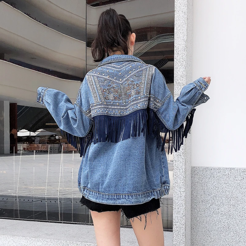 

BF Style Korean Casual Loose Womens Denim Jackets Fashion Embroidery Rivet Tassel Female Long Sleeve Lapel Single Breasted Coats