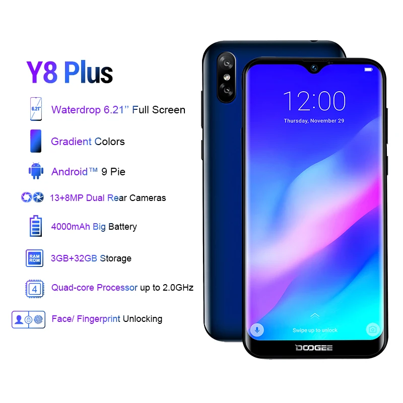 Смартфон DOOGEE Y8 Plus Android 9 0 MTK6761 3 Гб ОЗУ 32 ПЗУ FDD LTE 6 21 дюймов 19:9 экран 4000 мАч две