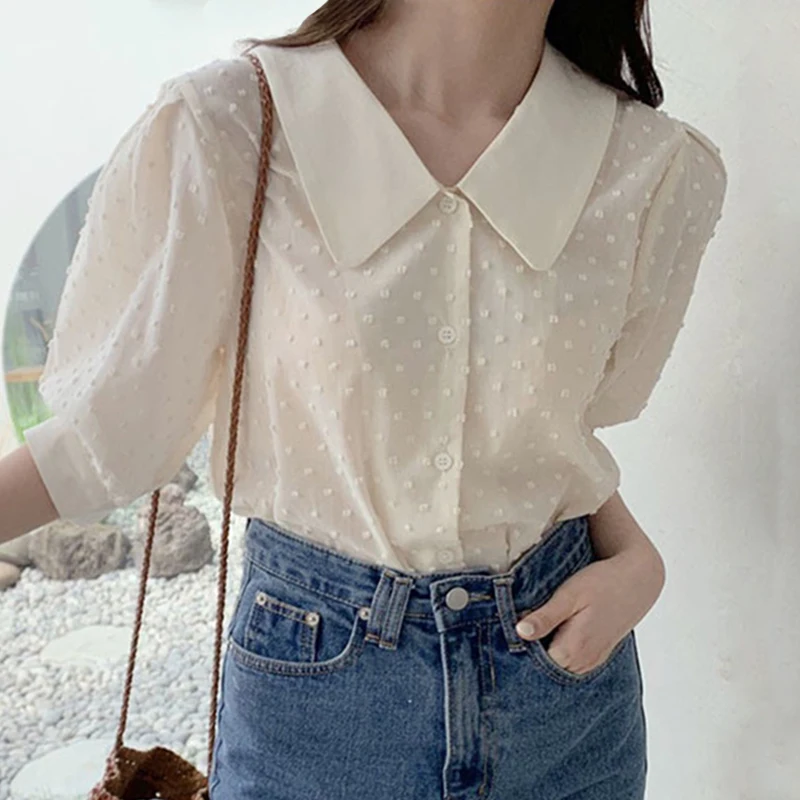 

Summer Shirts Women Chic Tender Temperament Wave Point Turn-down Collar Transparent Loose Puff Sleeve Tops