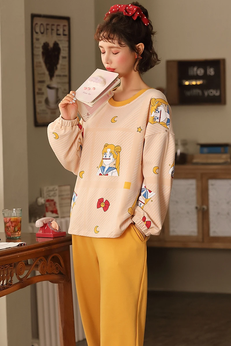 

Cute Cartoon Sailor Moon Pijama Women Cotton Pajama Set Long Sleeve Sleepwear Spring Pyjamas Female Autumn Home Clothes Nightuit