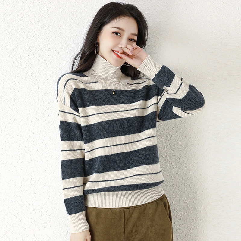 

Women's lazy sweaters Korean version of long-sleeved sweaters pile collar stripes take sweaters fall/winter new wear.