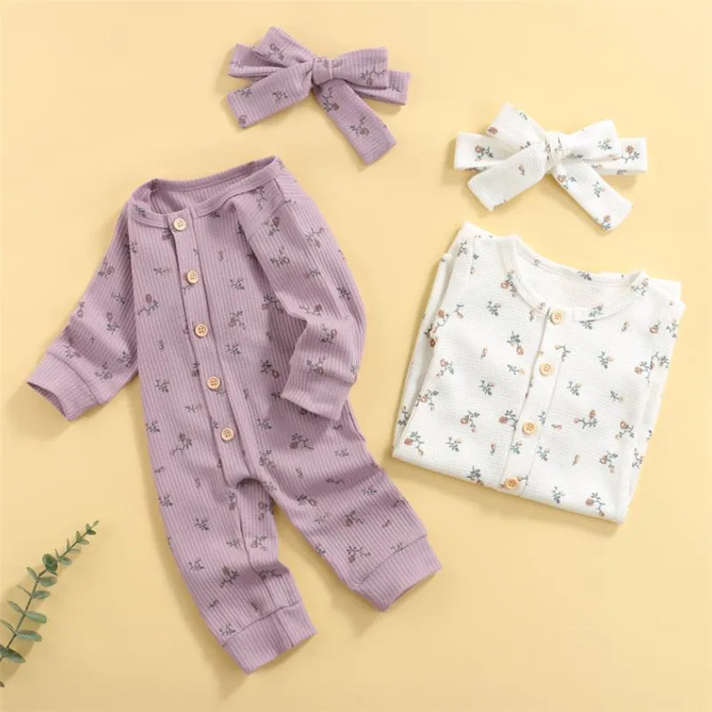 

2 шт., детский однобортный комбинезон с длинным рукавом и цветочным принтом