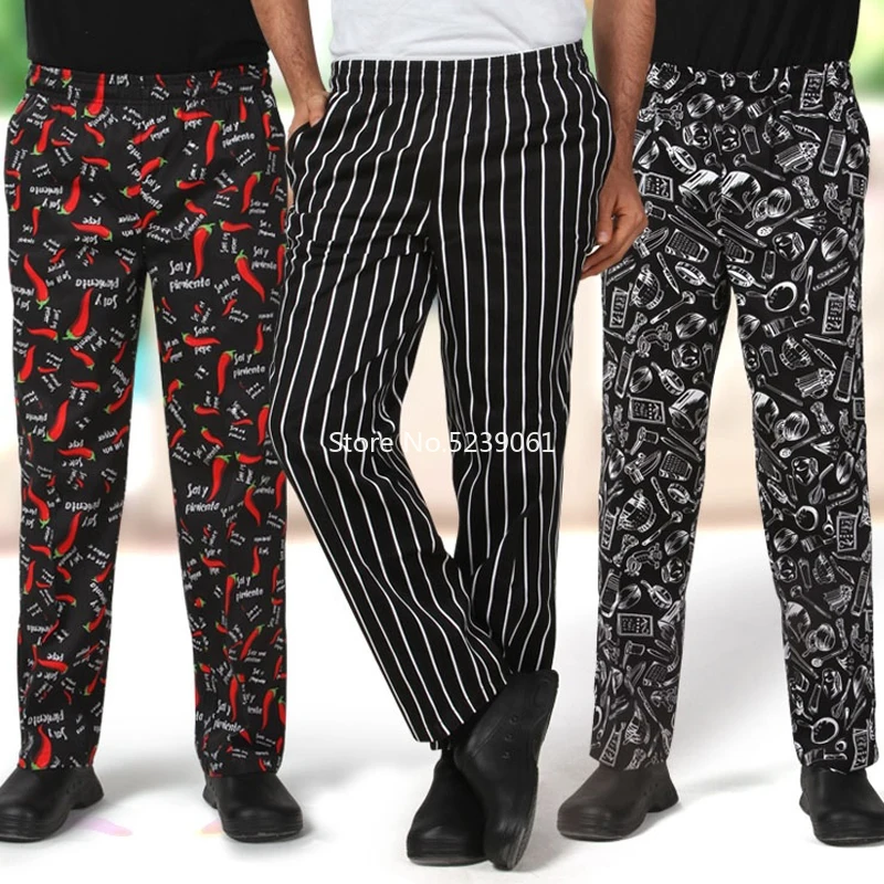 

Men Printed Chef Uniforms Cook Kitchen Striped Trousers Western Restaurant Elastic Waist Pants Work Wear Fancy Cosplay Costumes