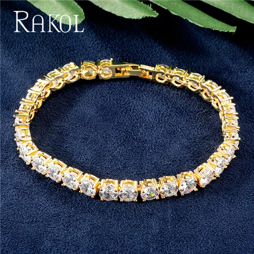 Gold Color RAKOL панк стиль ослепительный Круглый CZ цирконий Кристалл теннисные браслеты для женщин Мода белого золота цвет свадебные украшения RB80517K - Окраска металла: Gold Color