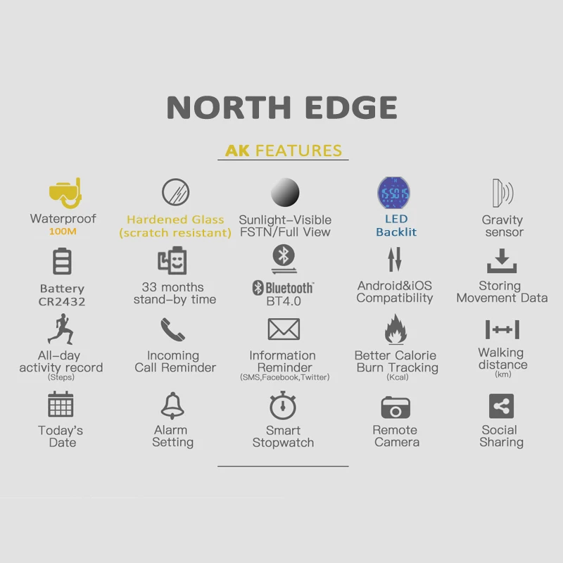Фото Часы наручные NORTH EDGE мужские цифровые, спортивные с Bluetooth, с датчиком расстояния и шагомером, для бега, плавания №3