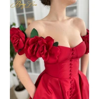 berylove red prom dresses a line appliques button sweetheart party dresses 3d flower leaves sleeves long satin evening dresses