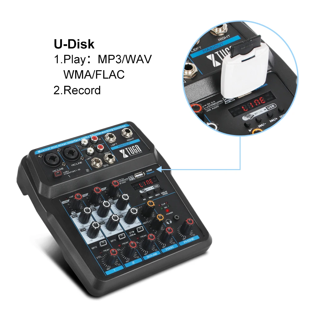 XTUGA 4 Channel Mini Mixer Audio DJ Console with Sound Card USB 48V Phantom Power for PC Recording Singing Webcast Party | Электроника