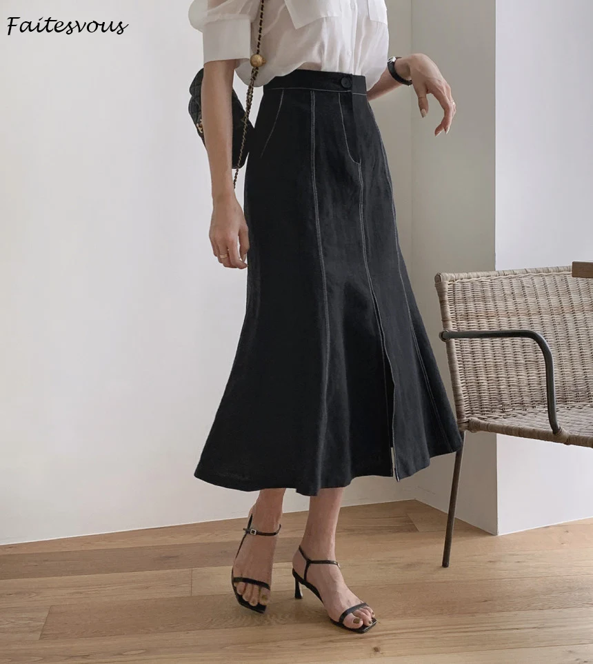2021 корейская мода яркая линия юбки с разрезом женская летняя простая черная