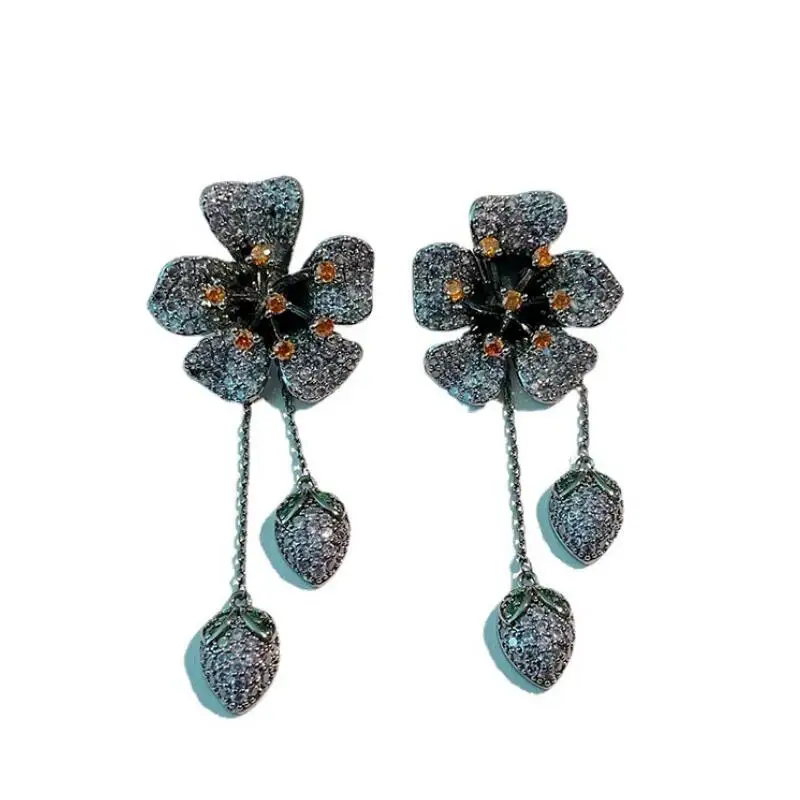 

CIZEVA Luxury Band 925 Silver Tassel Long Earring Elegant Flower Bud Zirconia Dangler Ladies Black Gold Vintage Jewelry