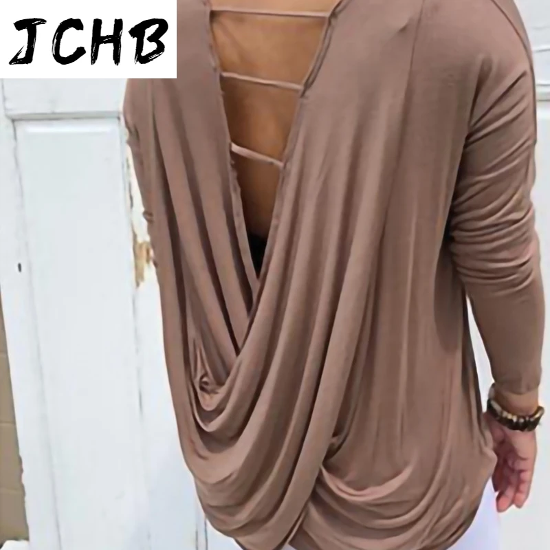 

Long Backless Sleeves Irregular Top Women Pullover Autumn Clothing O Neck Loose Minimalist T Shirt Ladies Slim Tees Black 2021