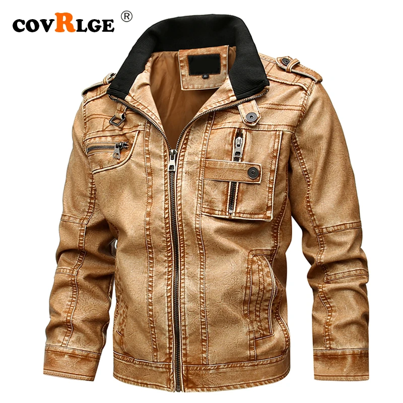Covrlge Men's Jacket Personality Leather Wash Trend Motorcycle Jacket PU Leather Clothing Baseball Jacket Fit Size 7XL MWP062