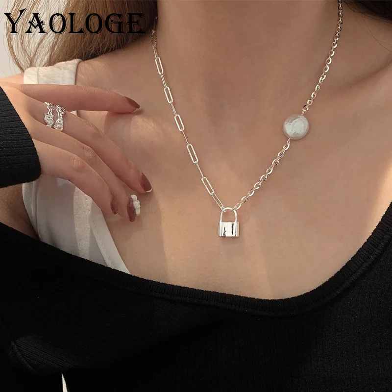 

YAOLOGE 925 Sterling Silver Retro Punk Creative Stitching Lock Necklace Ladies Trend Hip Hop Party Jewelry Heart Necklace