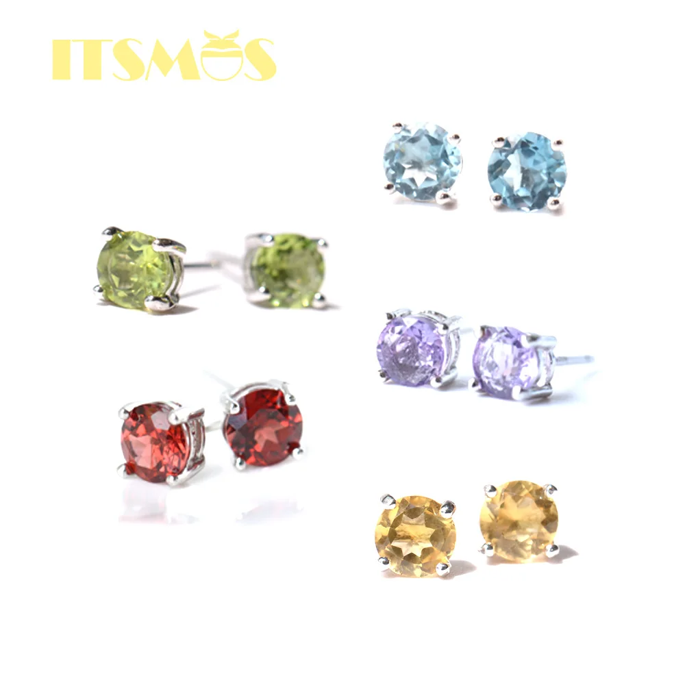 

ITSMOS Topaz Garnet Amethyst Citrine Natural Stone Earrings Classic Peridot s925 Silver Stud Earrings Jewerly Brithday Gift