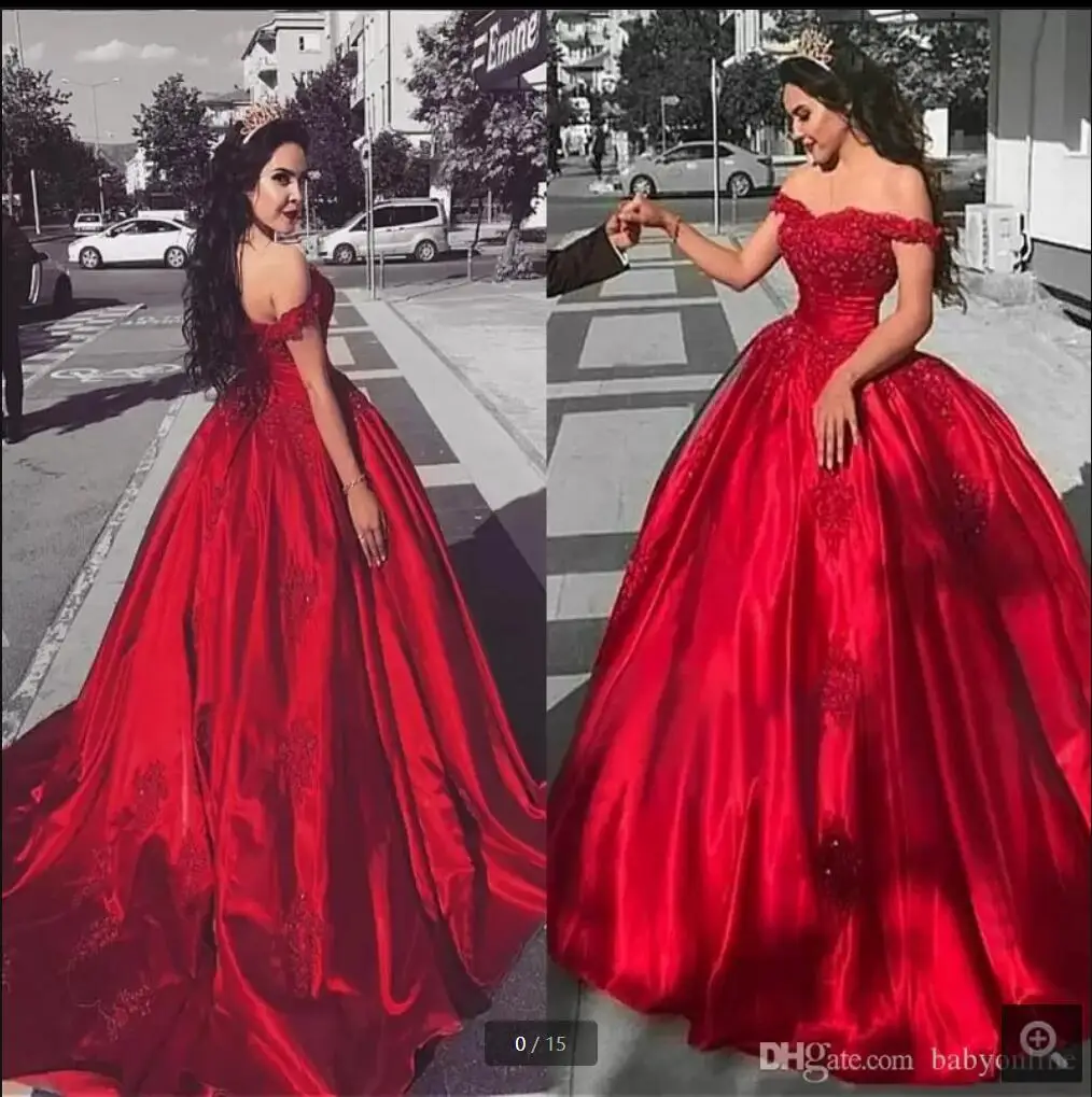 

2021 скромные платья для Quinceanera с открытыми плечами красные атласные вечерние платья милой конфетти бальное платье для выпускного вечера