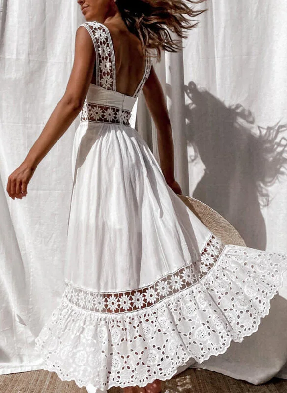 

Women's Dress White Hollow Out Sundress Lace Sleeveless Long Backless Summer Party Elegant Evening Woman Clothing