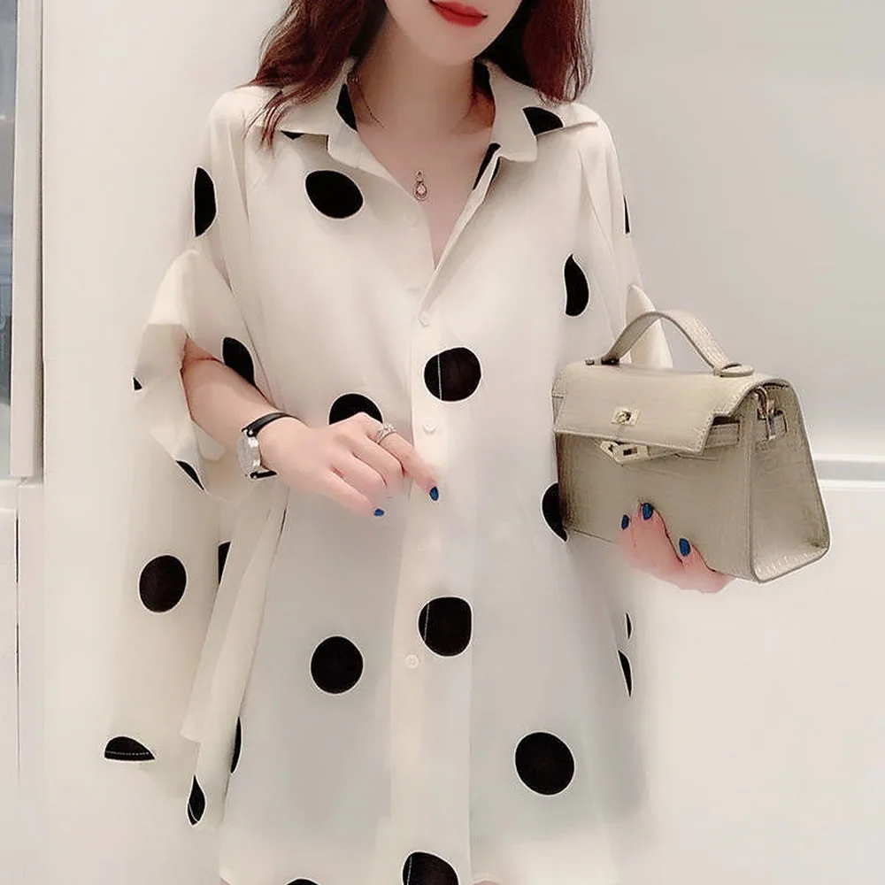 

2021 Lapel Polka Dots Mid-Length Women's Blouse Fashion Elegant Single-Breasted Shirt Female Clothing Korean Japanese Style Tops