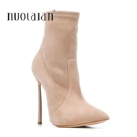 winter fashion women boots pointed toe faux suede ankle boots 11cm heel high heels shoes woman autumn female socks boots