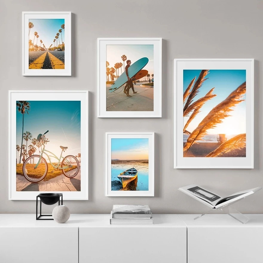

Wall Art Canvas Painting Sunset Surf Boy Bicycle Ferry Road Landscape Posters and Prints Wall Art for Living Room Bedroom Decor