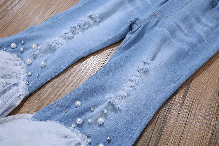 Джинсы для девочек джинсовые брюки в стиле пэчворк с кружевами весенние штаны