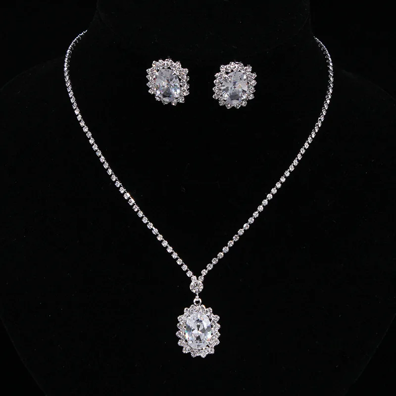 

CSHOU194 Luxury sparkling zircon crystal bridal set fashion wedding necklace earrings 2-piece set