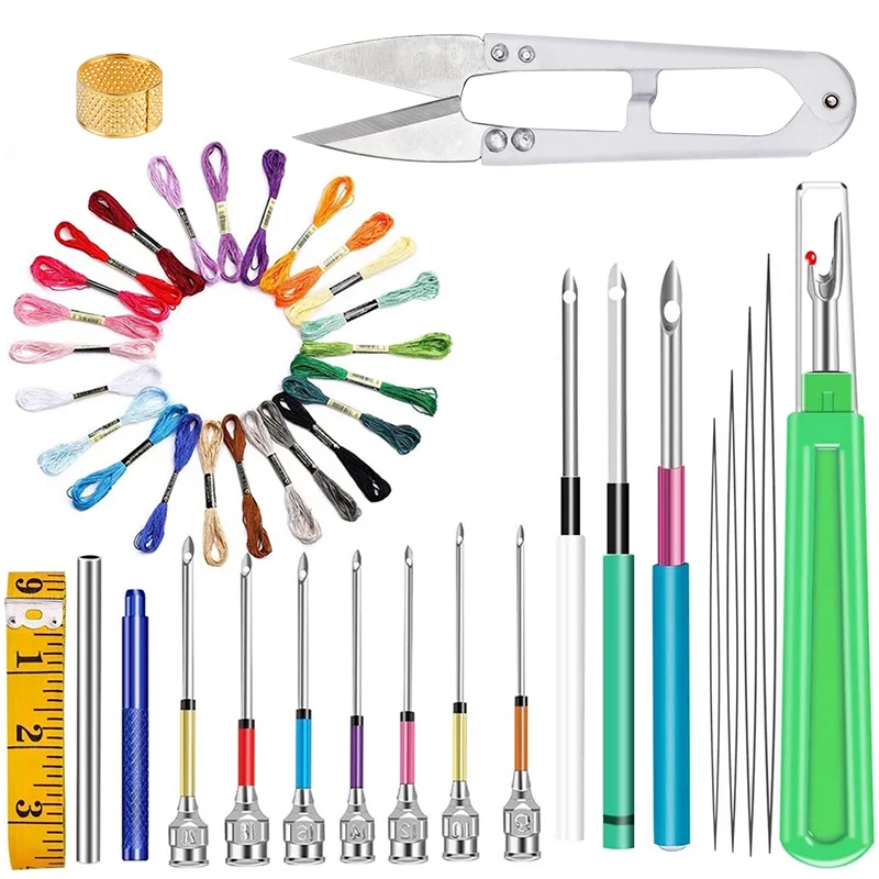 

LMDZ Punch Needle Tool Kit 24 Rainbow Color Embroidery Thread 10 Pcs Embroidery Punch Needles Soft Tape Measure Yarn Scissors