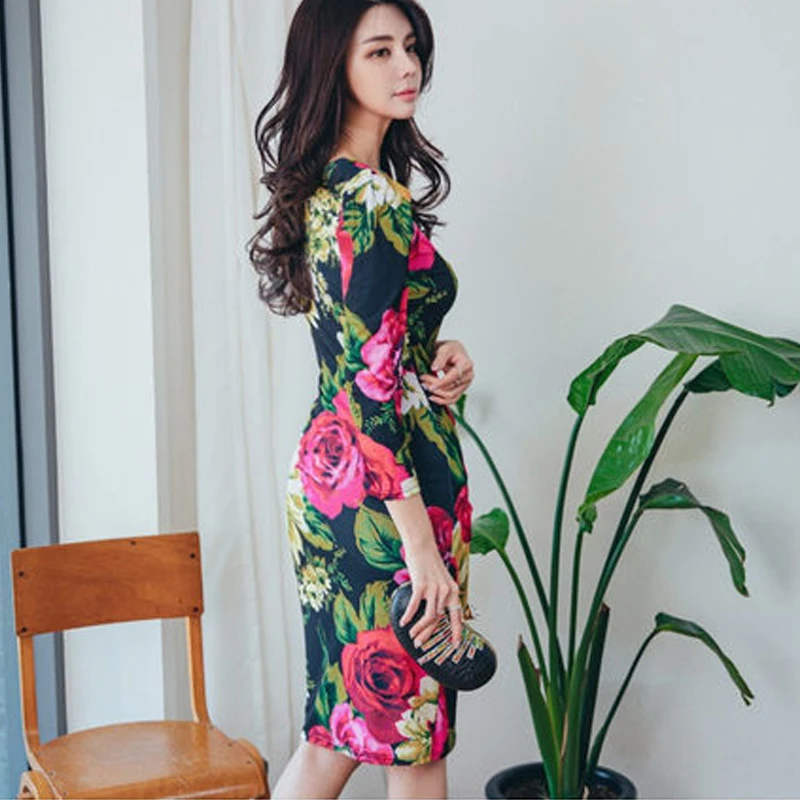 

elegant Print Dress for women Summer flower Half Sleeve V neck ladies Sexy Office Midi dresses