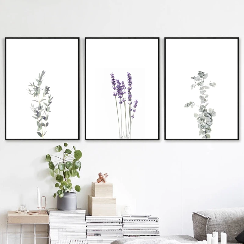 

Minimalist Nordic Style Canvas Painting Green Foliage Posters and Prints Lavender Flowers Wall Pictures Living Room Decoration
