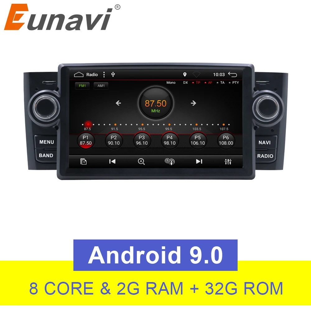 Eunavi Android 9.0 Car Radio Multimedia player GPS 1 Din DVD For Fiat/Grande/Punto/Linea 2007-2012 FM 2G+32G | Автомобили и
