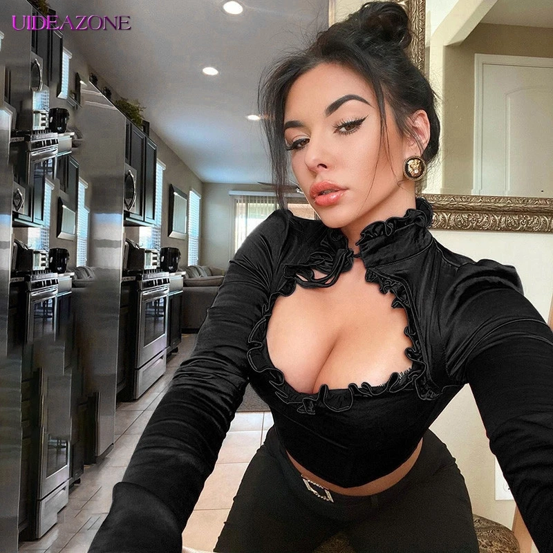 Женские топы с оборками вырезом длинным рукавом сексуальные винтажные весенние