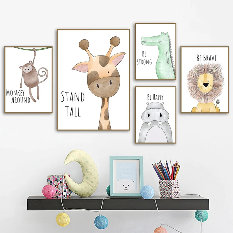

Cartoon Animal Wall Posters Canvas Painting Lion Giraffe Nursery Wall Art Interior Paintings Modern Home Decoration Accessories