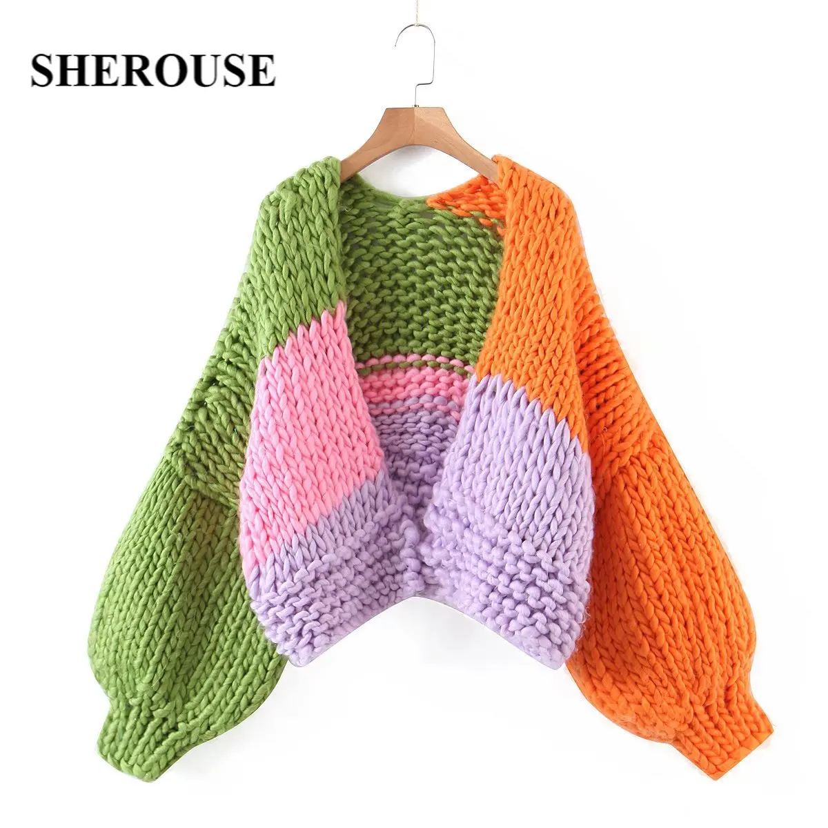 

Женский вязаный кардиган Sherouse, вязаный кардиган в стиле пэчворк с v-образным вырезом и длинными рукавами, шикарные топы