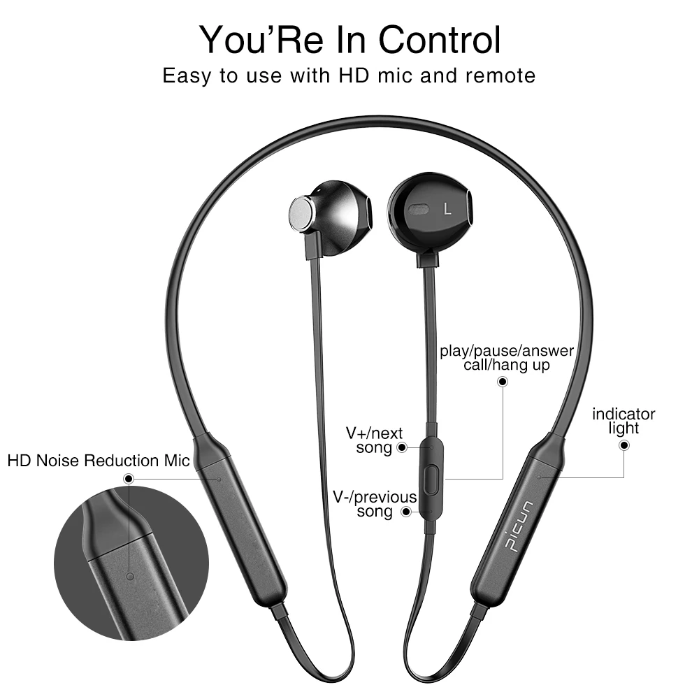 Беспроводные наушники Picun H12 Bluetooth магнитные спортивные с шейным ободом 20 часов