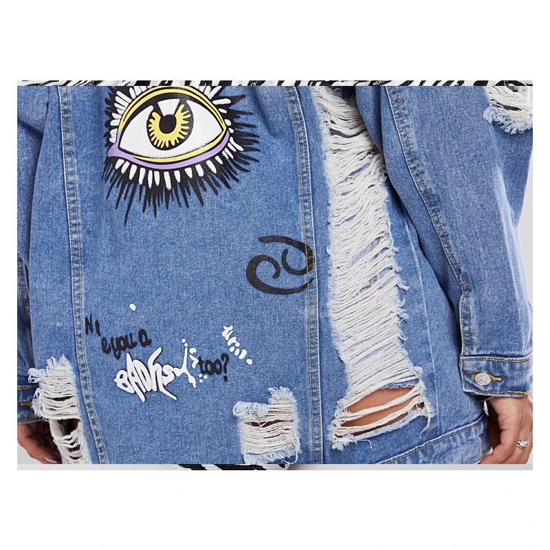 

2021 New Spring Autumn Women's Female Ins Loosed Fashionable Single-Breasted Light Color Student Ripped Women's Denim Jacket
