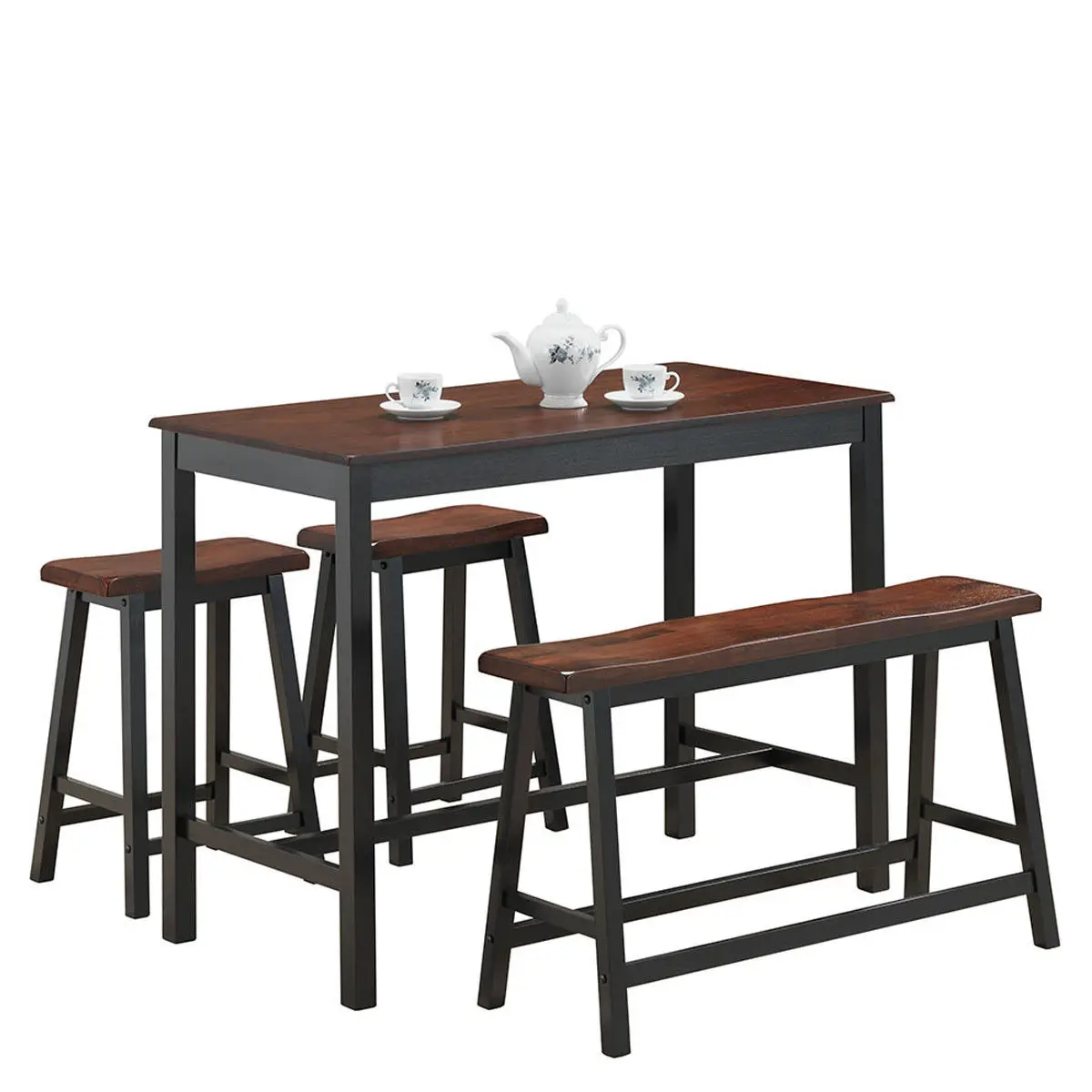 

Costway 4 Pcs Solid Wood Counter Height Table Set w/ Height Bench & Two Saddle Stools