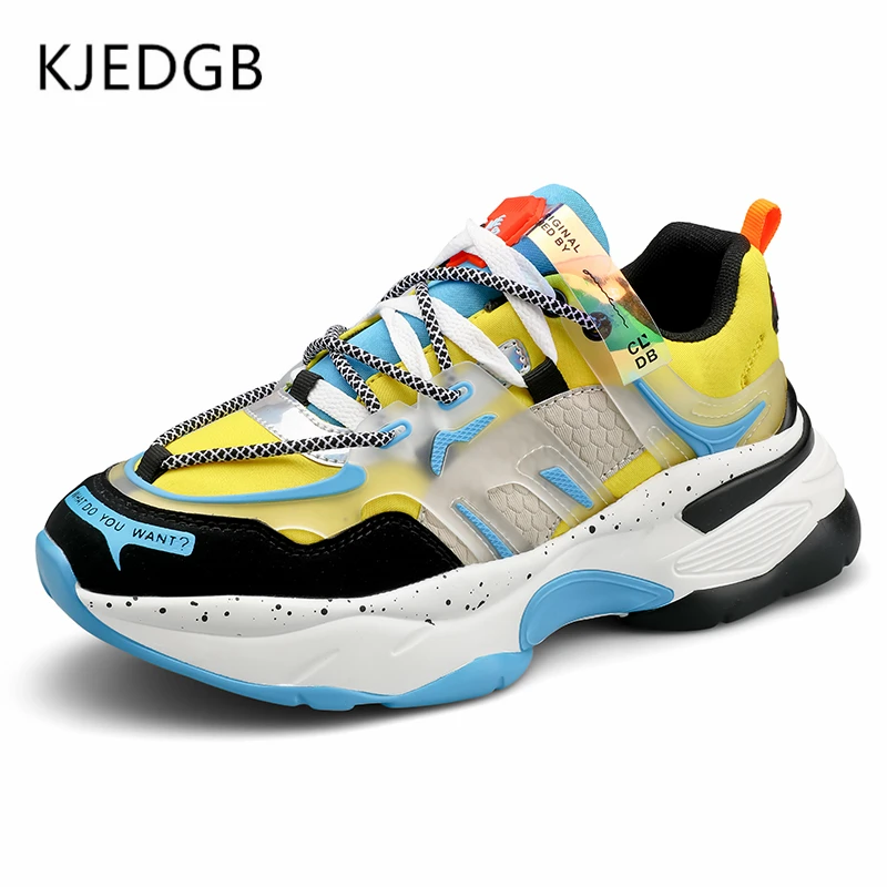 Black Yellow KJEDGB; трендовая мужская повседневная обувь; уличные кроссовки; мужские модные разноцветные кроссовки; Zapatos De Hombre; обувь на толстой платформе - Цвет: Black Yellow