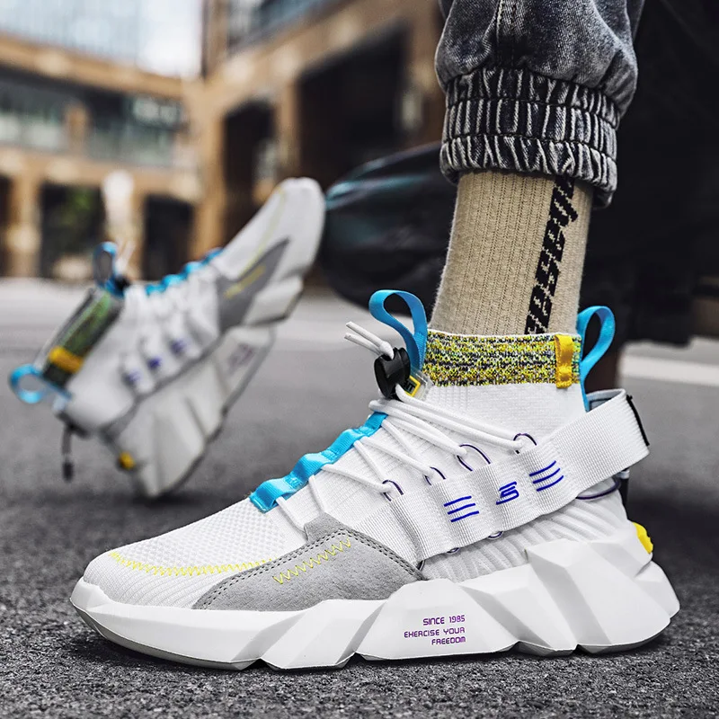 Summer White Breathable Men's Shoes 2021 New Mesh Sports Casual Trendy Increased Socks Mouth Old Shoes Comfortable Running Shoes