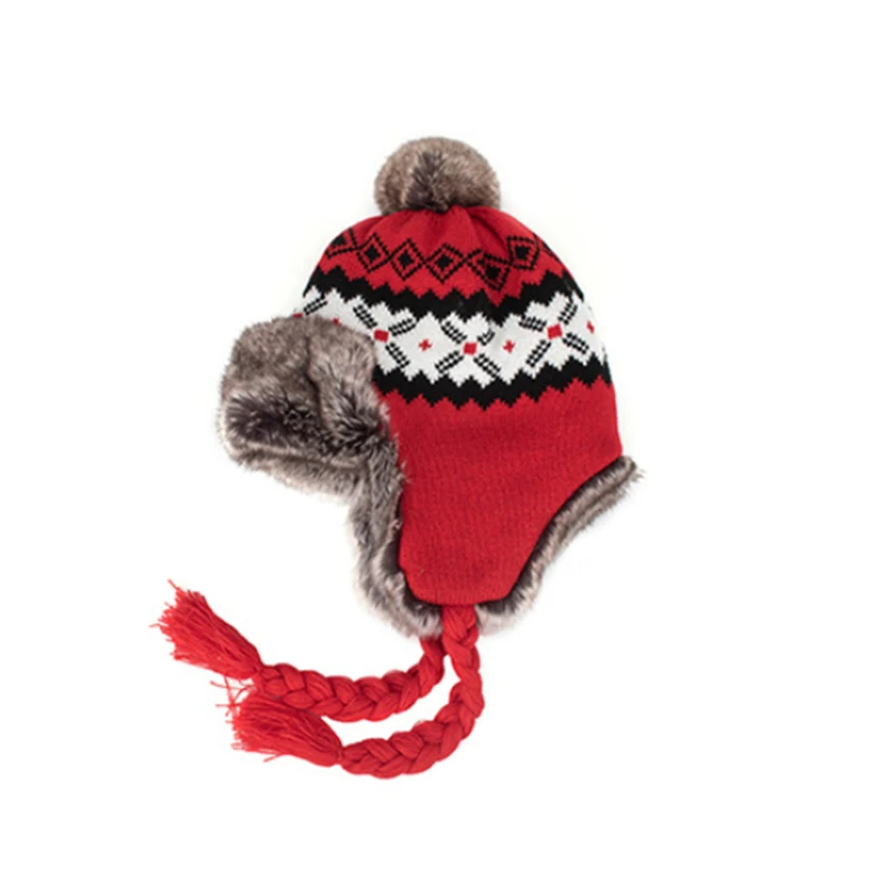 

Winter Hat Russian Bomber Hats For Women Men Outdoor Warm Snow Hat With Fur Pompom Red Windproof knittingEarflap Trapper Cap